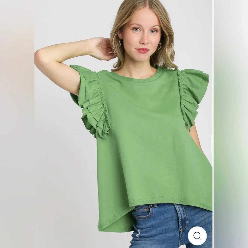 Umgee Apple Green Double Layered Ruffle Sleeve Top - Picture 1 of 5
